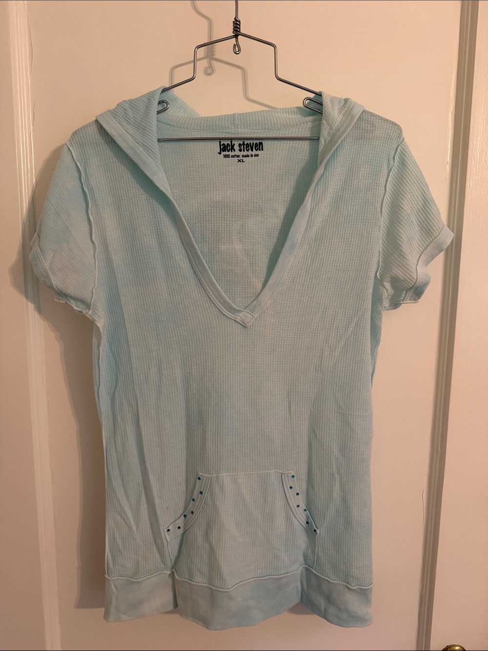 Women's Light Blue turquoise Short-Sleeve ombré tie dye Hooded Top cotton